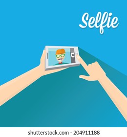 Taking Selfie Photo on Smart Phone concept on blue background. vector illustration