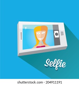 Taking Selfie Photo on Smart Phone concept on blue background. vector illustration