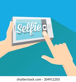 Taking Selfie Photo on Smart Phone concept on blue background. vector illustration