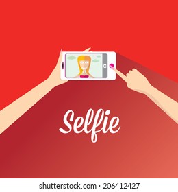 Taking Selfie Photo on Smart Phone concept on red background. vector illustration