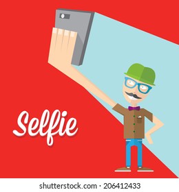 Taking Selfie Photo on Smart Phone concept on red background. vector illustration