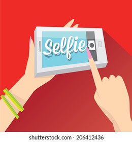 Taking Selfie Photo on Smart Phone concept on red background. vector illustration