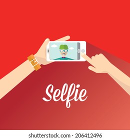 Taking Selfie Photo on Smart Phone concept on red background. vector illustration