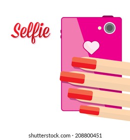 Taking Selfie Photo on Smart Phone concept on white background. vector illustration. womens hand holding phone