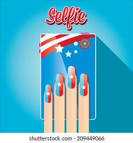 Taking Selfie Photo on Smart Phone concept . vector illustration. womens hand holding phone