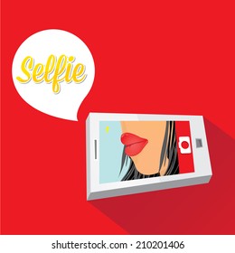 Taking Selfie Photo on Smart Phone concept on red background. girls lips photo on phone. vector illustration