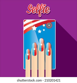 Taking Selfie Photo on Smart Phone concept . vector illustration. womens hand holding phone