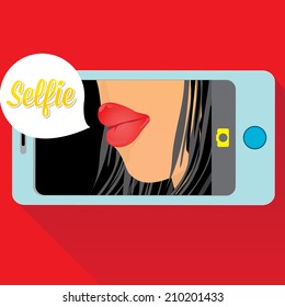 Taking Selfie Photo on Smart Phone concept on red background. girls lips photo on phone. vector illustration