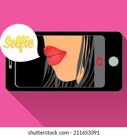 Taking Selfie Photo on Smart Phone concept on pink background. girls lips photo on phone. vector illustration