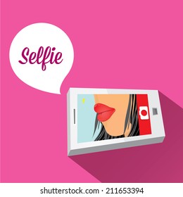 Taking Selfie Photo on Smart Phone concept on pink background. girls lips photo on phone. vector illustration