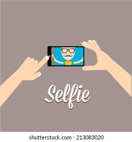 Taking Selfie Photo on Smart Phone concept background. vector illustration