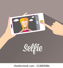 Taking Selfie Photo on Smart Phone concept background. vector illustration