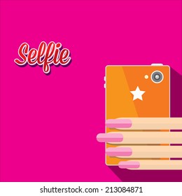 Taking Selfie Photo on Smart Phone concept . vector illustration. womens hand holding phone