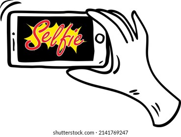 Taking Selfie Photo on Smart Phone . vector doodle style illustration.