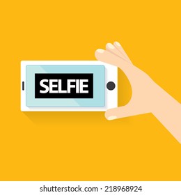 Taking Selfie Photo on Smart Phone concept background. vector illustration