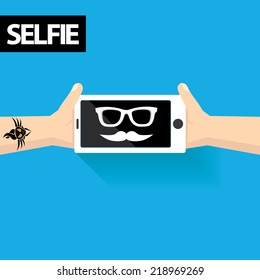 Taking Selfie Photo on Smart Phone concept background. vector illustration
