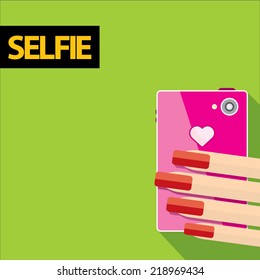 Taking Selfie Photo on Smart Phone concept . vector illustration. womens hand holding phone