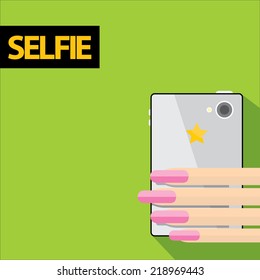 Taking Selfie Photo on Smart Phone concept . vector illustration. womens hand holding phone