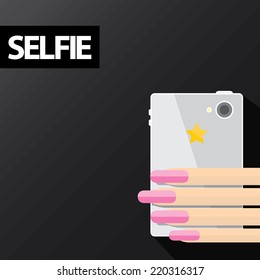 Taking Selfie Photo on Smart Phone concept on black . vector illustration. womens hand holding phone