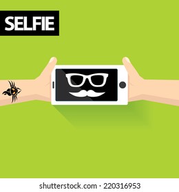 Taking Selfie Photo on Smart Phone concept on green background. vector illustration