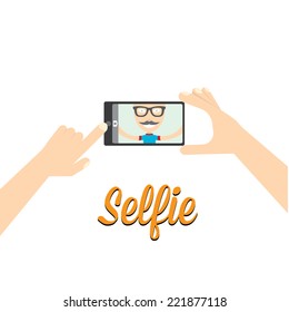 Taking Selfie Photo on Smart Phone concept on white background. vector illustration