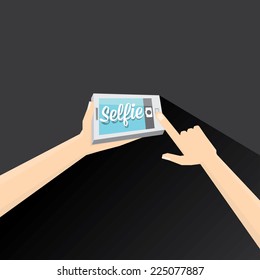 Taking Selfie Photo on Smart Phone concept on black background. vector illustration