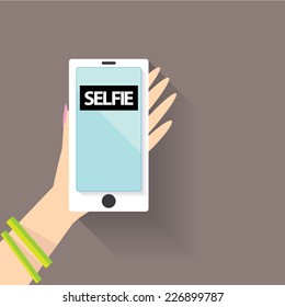 Taking Selfie Photo on Smart Phone concept on grey background. vector illustration