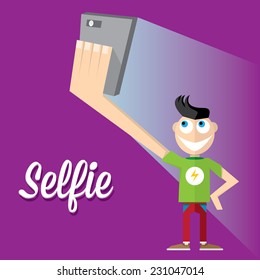 Taking Selfie Photo on Smart Phone concept on violet background. Young couple taking selfie photo together with mobile phone .vector illustration