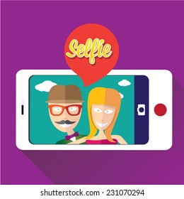 Taking Selfie Photo on Smart Phone concept on violet background. Young couple taking selfie photo together with mobile phone .vector illustration