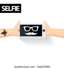 Taking Selfie Photo on Smart Phone concept background. vector illustration