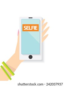Taking Selfie Photo on Smart Phone concept background. vector illustration