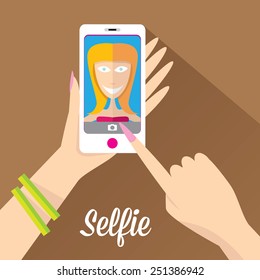 Taking Selfie Photo on Smart Phone concept on brown background. 