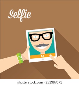 Taking Selfie Photo on Smart Phone concept on brown background. 