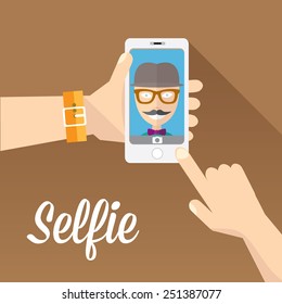 Taking Selfie Photo on Smart Phone concept on brown background. 