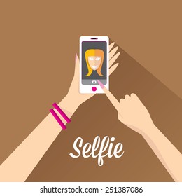 Taking Selfie Photo on Smart Phone concept on brown background. 