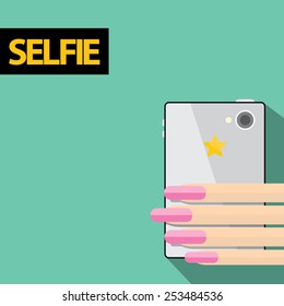 Taking Selfie Photo on Smart Phone concept . vector illustration. woman's hand holding phone