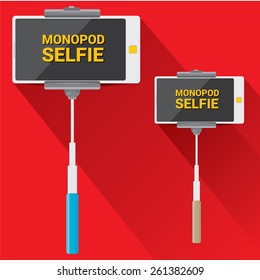 Taking Selfie Photo on Smart Phone with monopod concept . vector illustration