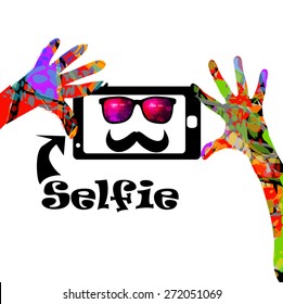 Taking Selfie Photo on Smart Phone concept. vector