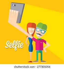 Taking Selfie Photo on Smart Phone concept icon. vector illustration. Young group of friends taking selfie photo together with mobile phone .vector illustration