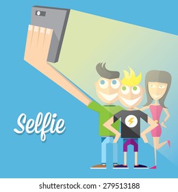 Taking Selfie Photo on Smart Phone concept icon. vector illustration. Young group of friends taking selfie photo together with mobile phone .vector illustration
