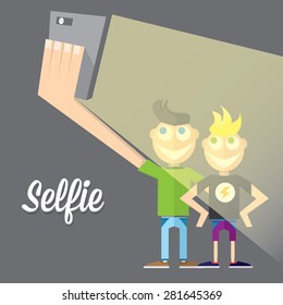 Taking Selfie Photo on Smart Phone concept icon. vector illustration. Young group of friends taking selfie photo together with mobile phone .vector illustration