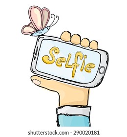 Taking Selfie Photo on Smart Phone concept. vector doodle style illustration