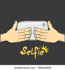 Taking Selfie Photo on Smart Phone concept. vector doodle style illustration