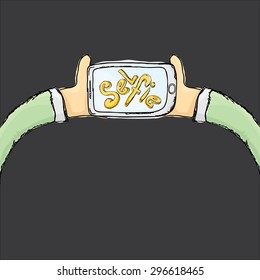 Taking Selfie Photo on Smart Phone concept. vector doodle style illustration