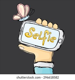 Taking Selfie Photo on Smart Phone concept. vector doodle style illustration