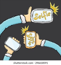 Taking Selfie Photo on Smart Phone concept. vector doodle style illustration