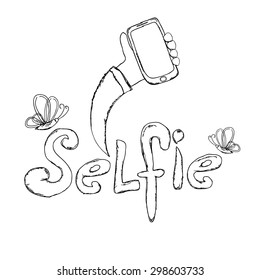 Taking Selfie Photo on Smart Phone concept. vector doodle style illustration