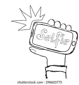 Taking Selfie Photo on Smart Phone concept. vector doodle style illustration