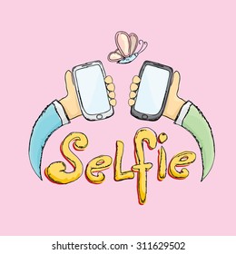 Taking Selfie Photo on Smart Phone concept. vector doodle style illustration