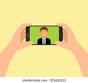Taking Selfie Photo on Smart Phone. vector